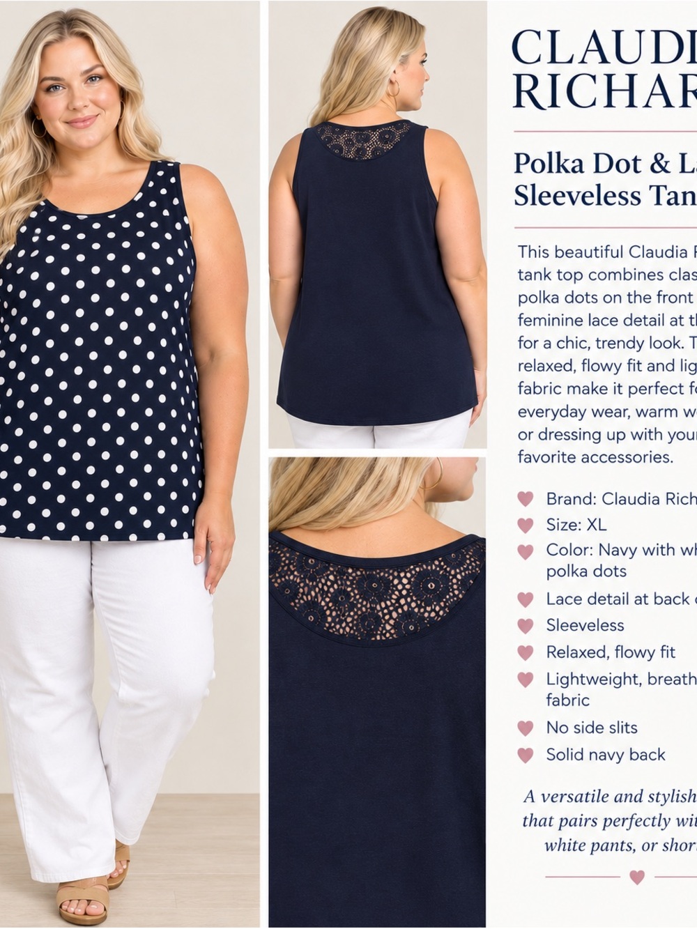 Vintage 90s-2000s Claudia Richard Navy Polka Dot Lace-Back Sleeveless Tank XL